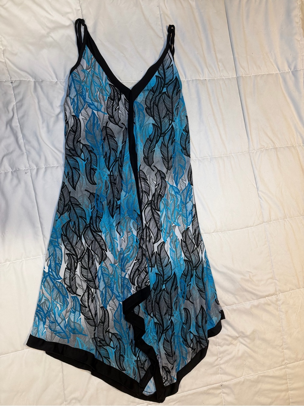 Sheer Blue Feather-Print Slip Chemise with Black Trim